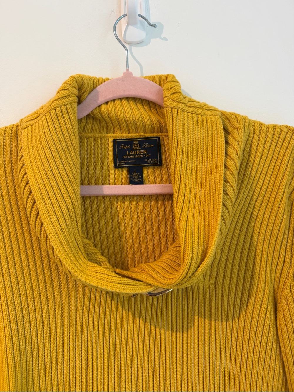 Ralph Lauren Mustard Ribbed Shawl-Collar Sweater with Buckle Accent - Picture 4 of 5